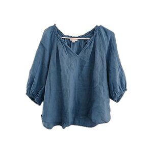 J. Jill Linen Top Blue Smocked V-Neck Balloon Sleeve Women's PS Blouse Oversized